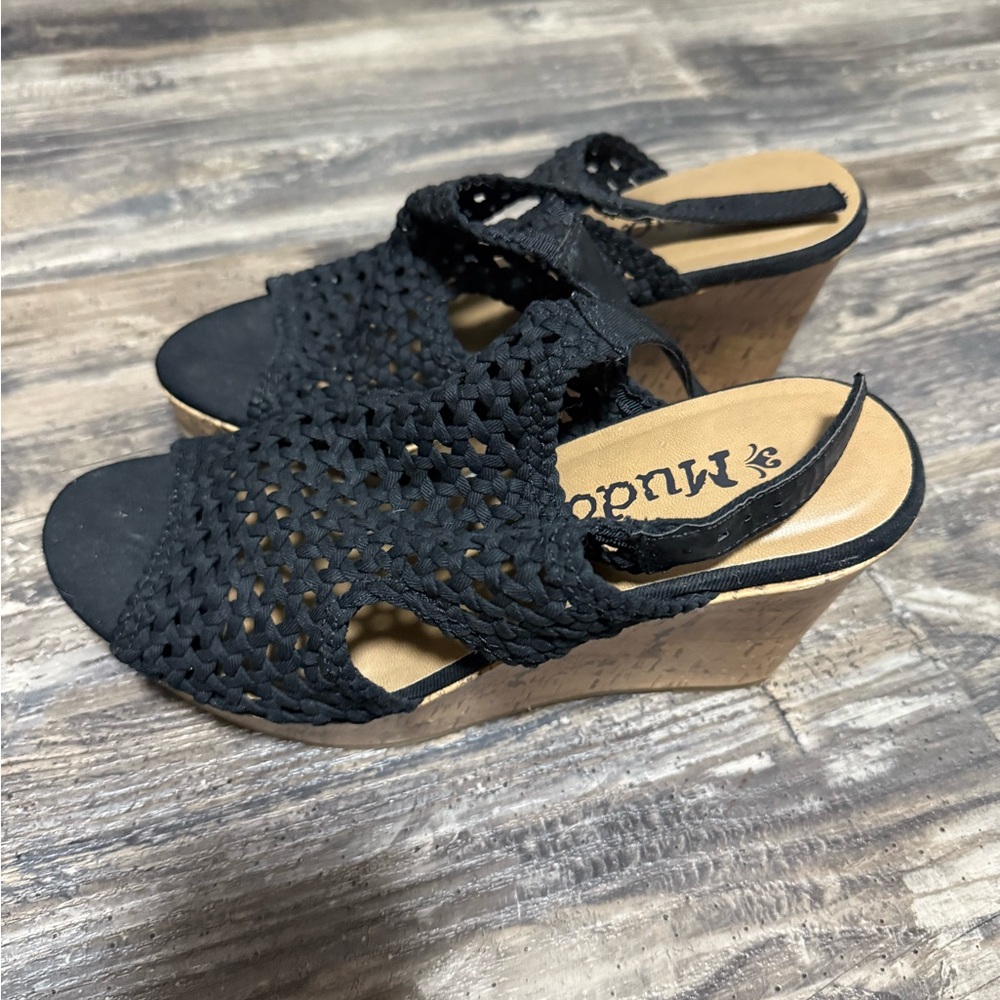 Mudd Black Crochet Wedge Sandals